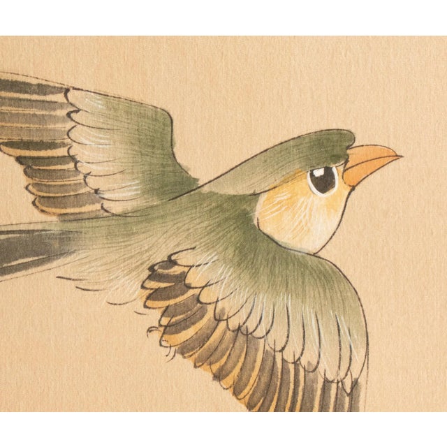 C. 1950s Vintage Chinese Watercolor Scroll Painting "Two Birds" on Silk For Sale - Image 4 of 9