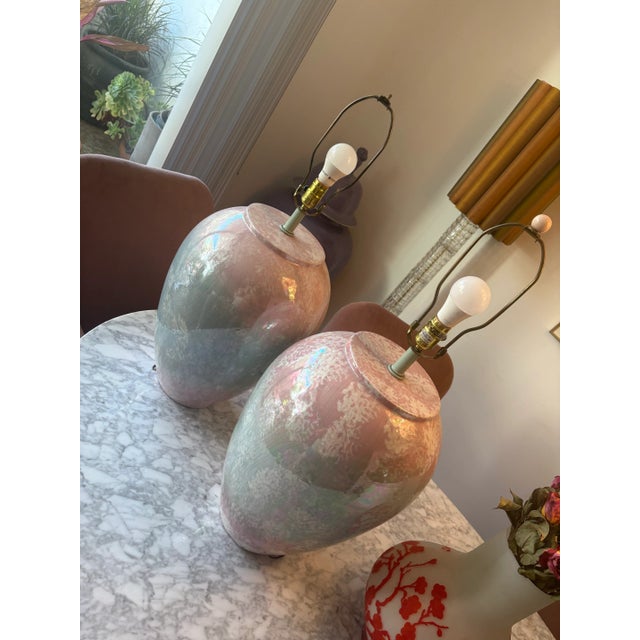Drawing/Sketching Materials 1980’s Postmodern Iredescent Pastel Drip Glaze Monolith Lamps by Sunset For Sale - Image 7 of 10