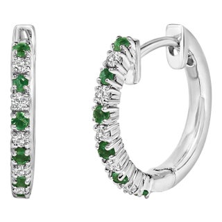 10K White Gold Alternating Emerald 1/10 Cttw Diamond Huggy Hoop Earrings (I-J Color, I1-I2 Clarity) For Sale