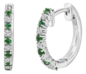 10K White Gold Alternating Emerald 1/10 Cttw Diamond Huggy Hoop Earrings (I-J Color, I1-I2 Clarity)