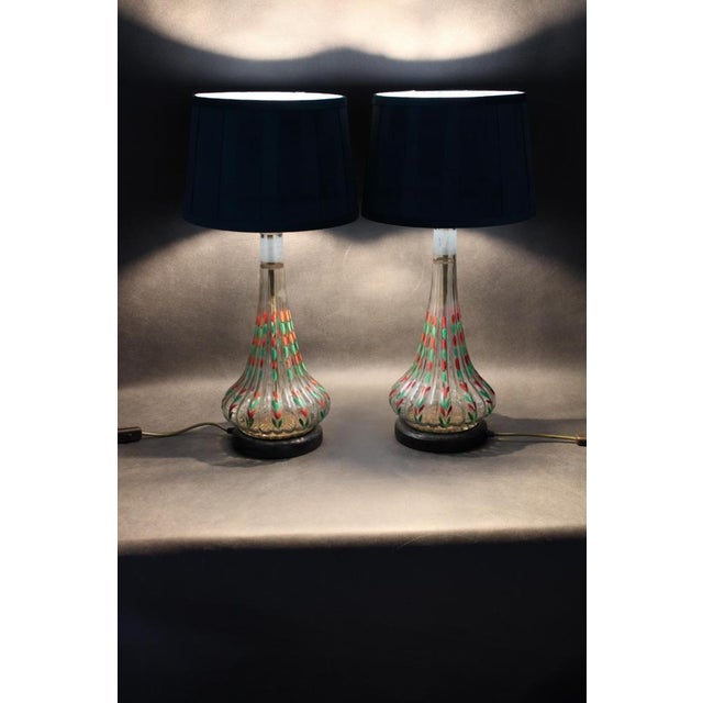 Vintage Hand Painted Glass Table Lamps with New Fabric Shade, 1960s, Set of 2 For Sale - Image 15 of 17