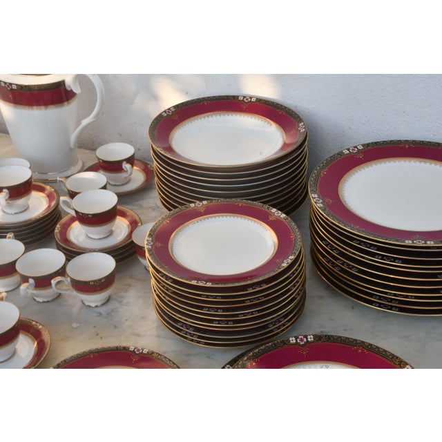 1960s Elegant Mid-Century Japanese Bone China Service for 12 in White and Noble Red For Sale - Image 11 of 17
