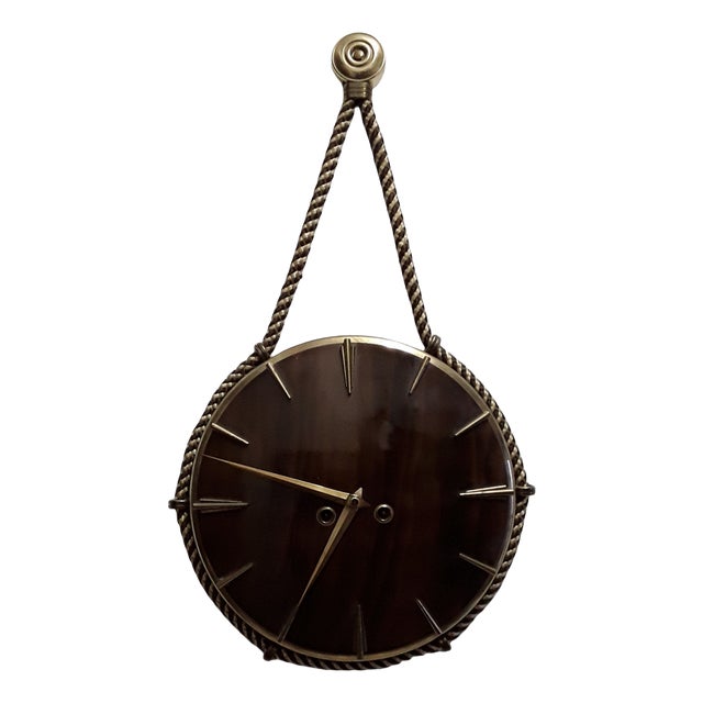 Vintage Brass & Wood Wall Clock, 1950s For Sale