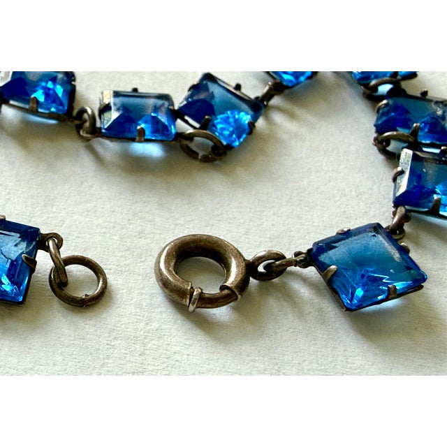 Metal Antique Czech Glass 1920s Art Deco Cascading Sterling Silver Prong Set Blue Necklace For Sale - Image 7 of 10