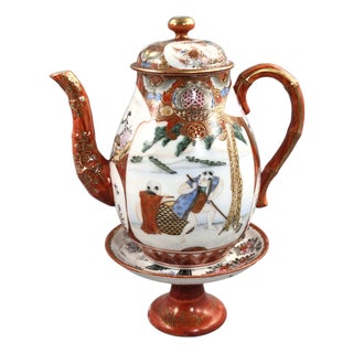 Meiji Japanese Kutani Aka-E and Kinran-De Teapot with Vase Stand, 1890, Set of 2 For Sale