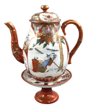 Meiji Japanese Kutani Aka-E and Kinran-De Teapot with Vase Stand, 1890, Set of 2