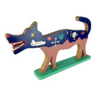 Vintage Folk Art Carved Painted Wood Wolf Outter Space Native American Outsider For Sale