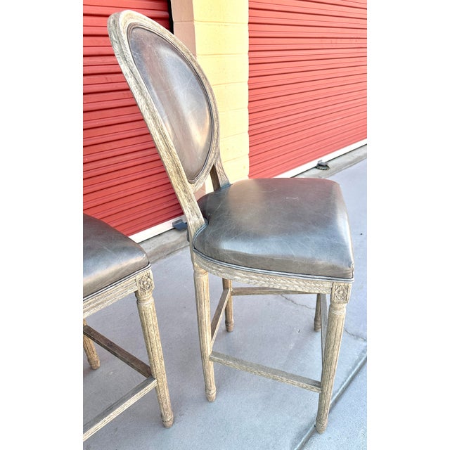 2010s Pair of Restoration Hardware French Contemporary Round Leather Bar Stools For Sale - Image 5 of 8