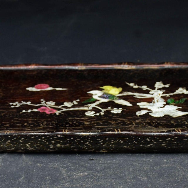 Brown Vintage Zitan Wood Tray With Mother-of-Pearl "Magpie on Plum" Inlay For Sale - Image 8 of 9