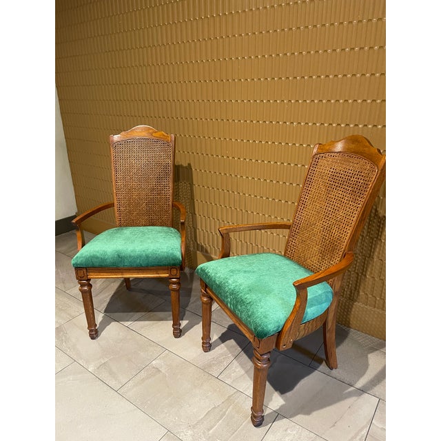 Pair of Mid-Century Transitional Cane Back Armchairs in Everlast Billiard Green Chenille (Thomasville Ceremony Style) - Set of 2 For Sale In San Diego - Image 6 of 12