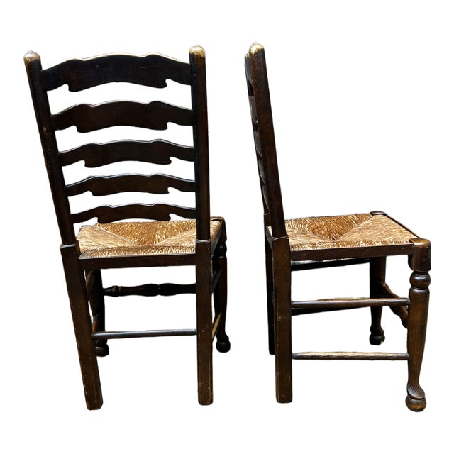 English Oak and Rush Seat Ladder Back Chairs, Late 19th Century, Set of 4 For Sale - Image 4 of 8