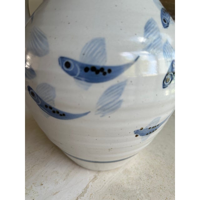 White Simon Pearce Large Miranda Thomas Blue Fish Ceramic Pitcher For Sale - Image 8 of 10