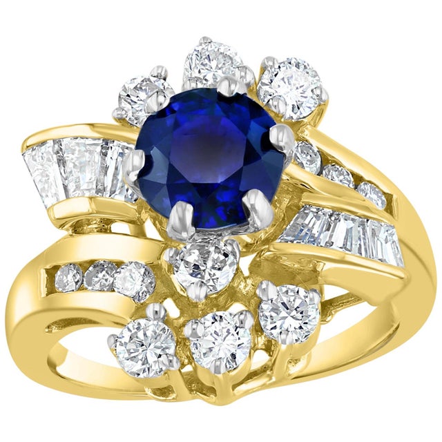 1 Carat Round Blue Sapphire & 1.65 Carat Diamond Cocktail Ring in 14 Karat Gold For Sale - Image 15 of 18