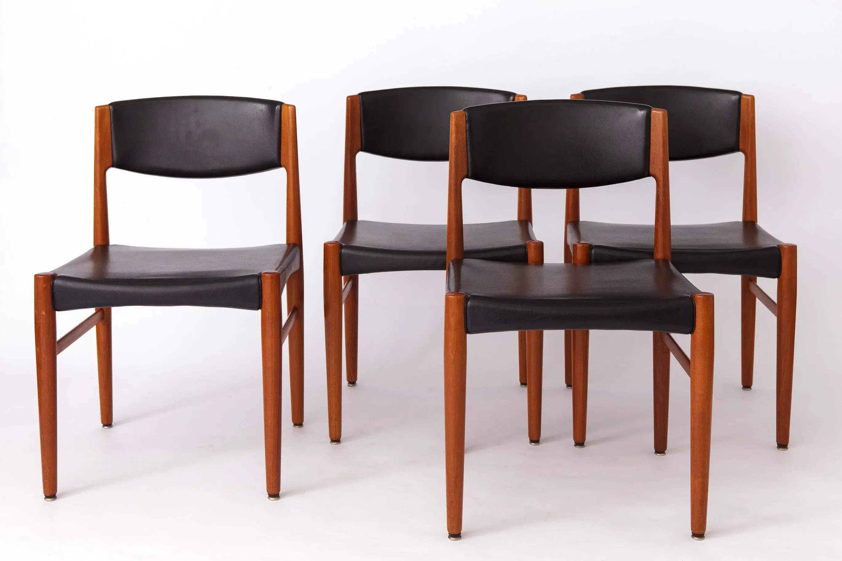 Mid-Century Modern Teak Dining Chairs with Black Leather Seats by