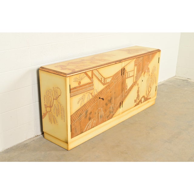 Baker Furniture Company Baker Furniture Style Hollywood Regency Chinoiserie Hand-Painted Cream Lacquered Sideboard Credenza, Circa 1970s For Sale - Image 4 of 11