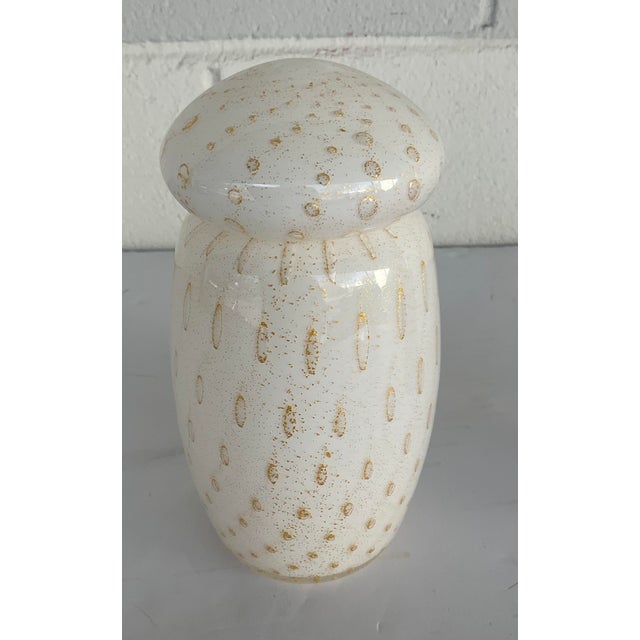 Timeless Global Views Modern Murano Style Lidded Art Glass Vessel, white and gold fleck art glass, showroom floor sample