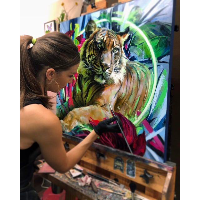 Early 21st Century The Sumatran Tiger by Lindsey Kustusch | Oil on wood panel of a tiger among vibrant flowers For Sale - Image 5 of 5