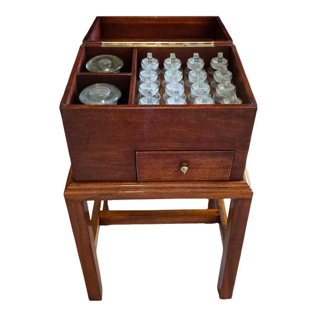 19th Century English Victorian Era Mahogany Apothecary Travel Chest Box on Stand With Glass Jars For Sale