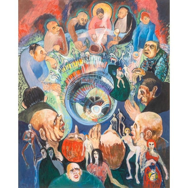 A modern-surrealist oil on canvas titled "The Last Supper" by Michigan artist Francis Littna. Circa 1960. The central...