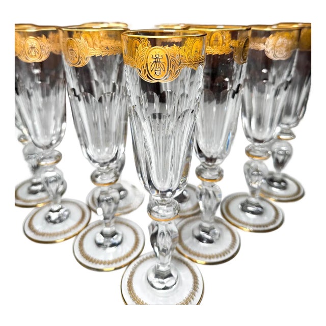 1980s Rare St. Louis Crystal Champagne Flutes (Set of 9): Gold Bee & Laurel Motif For Sale