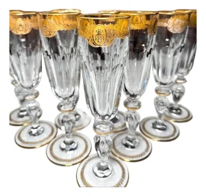1980s Rare St. Louis Crystal Champagne Flutes (Set of 9): Gold Bee & Laurel Motif
