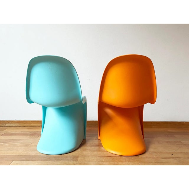 Plastic Mid-Century Modern Panton Junior Kids Chairs by Verner Panton Vitra, Turquoise + Orange - a Pair For Sale - Image 7 of 11