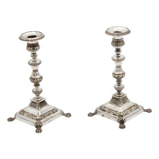 Turned Silver Candlesticks with Embossed Floral Motifs, Set of 2 For Sale