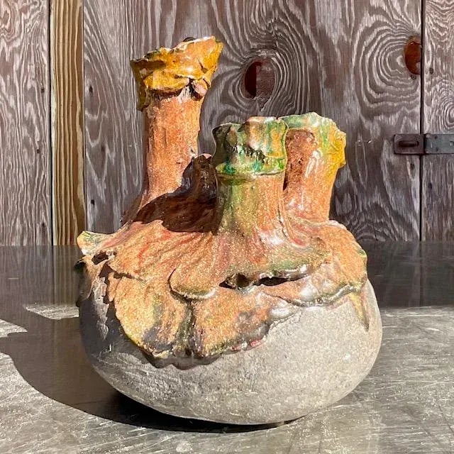 Boho Chic Vintage Organic Modern Sculptural Three-Spout Pottery Vase For Sale - Image 3 of 16