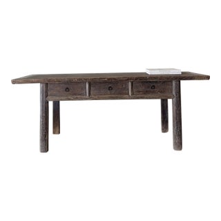 Antique Elm Wood Console With Painted Finish 3 Drawers 82" For Sale