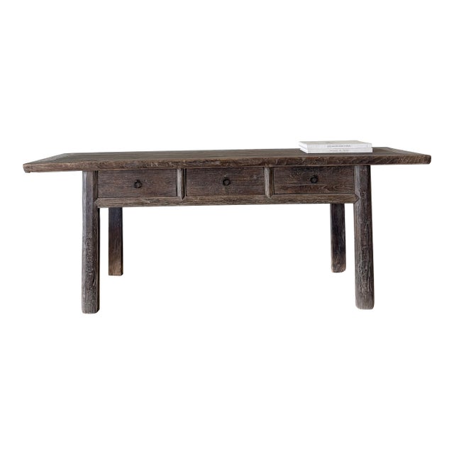 Antique Elm Wood Console With Painted Finish 3 Drawers 82" For Sale