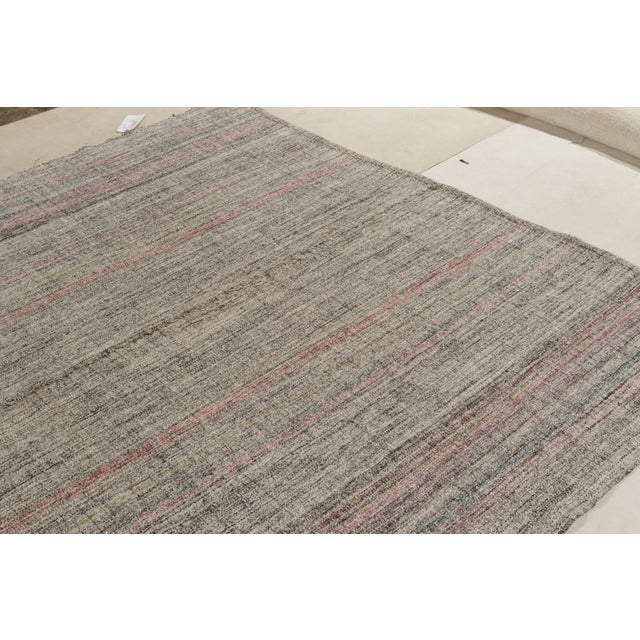 Textile Vintage Kilim Rug in Black, White, Pink Striated Pattern For Sale - Image 7 of 11