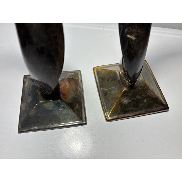 Commanding Tall Pair of Twisted Horn Candlesticks With Metal Bases and Holders For Sale In Providence - Image 6 of 12