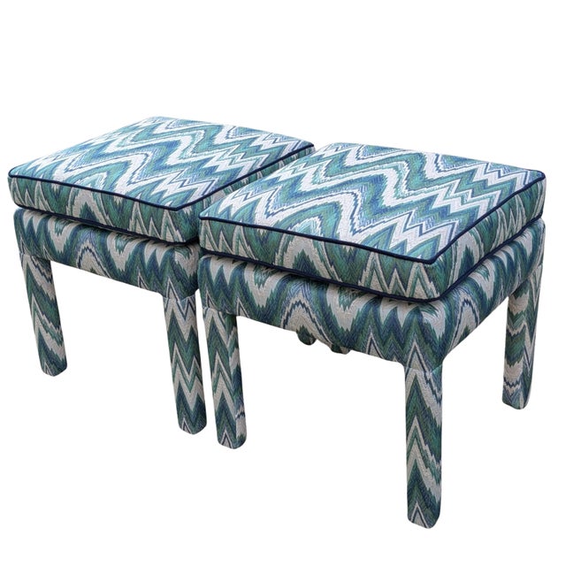 Schumacher Valkyrie Flame Stitch Parsons Ottomans in Emerald & Peacock- Pair For Sale In Greensboro - Image 6 of 10