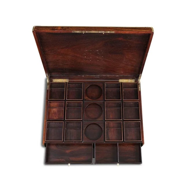 Large box, rosewood veneered, brass handle embedded in the lid, brass interior, beautiful classification inside...