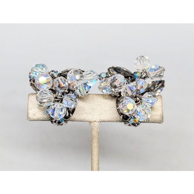 1960s rhodium plated marquise faux-black diamond and round aurora borealis rhinestones with faceted aurora borealis...