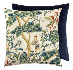 The House of Scalamandré Kelmescott / Aurora Pillow, Peacock on Sand/navy, 22 X 22