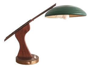 Mid-Century Modern Brown Wood & Green Metal Desk Table Lamp, 1950s