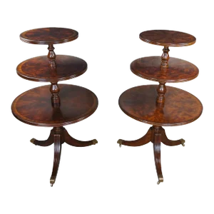 Pair Maitland Smith Regency Flame Mahogany Large Tiered Dumbwaiter Side Tables
