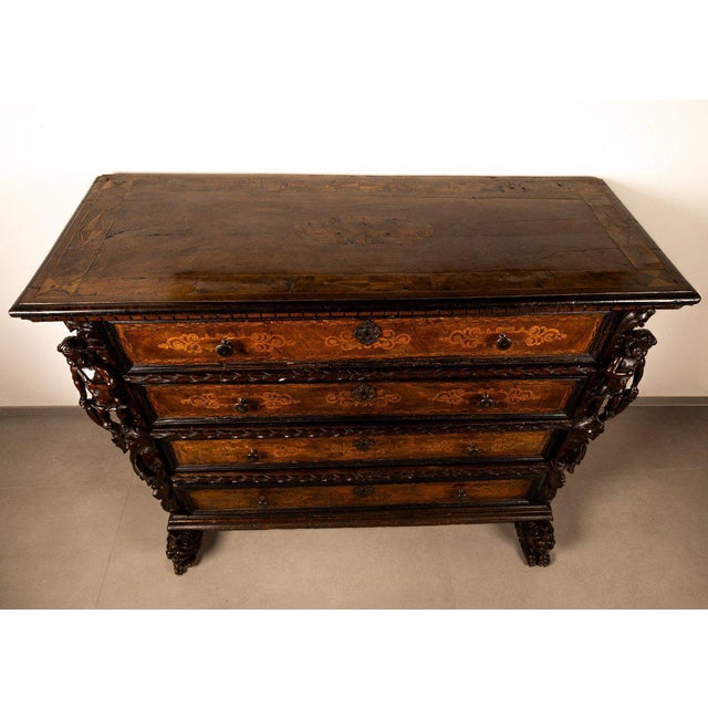 Bergamo Chest of 4 Drawers with Winged Caryatids, Early 17th Century For Sale - Image 6 of 9