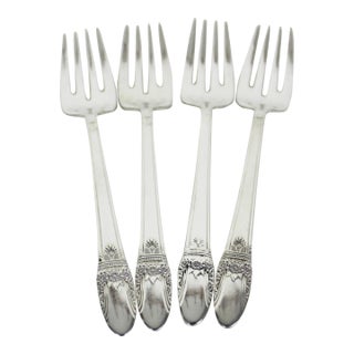 1937 First Love Set of 4 Vintage Silver Individual Salad Forks Slot Tine, Rogers, Four Plated Matching, Small Dessert Fork For Sale