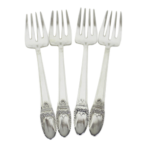 1937 First Love Set of 4 Vintage Silver Individual Salad Forks Slot Tine, Rogers, Four Plated Matching, Small Dessert Fork