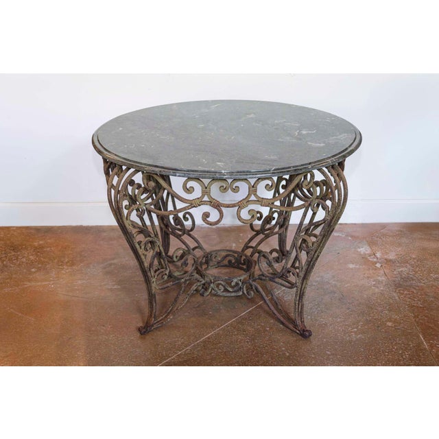 Art Nouveau 20th Century French Iron Round Center Table With Verde Marble For Sale - Image 3 of 8