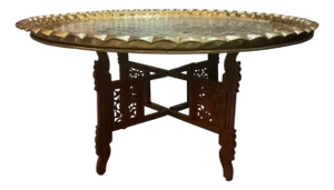 Vintage Moroccan Round Etched Brass Tray Table on Carved Folding Wood Base