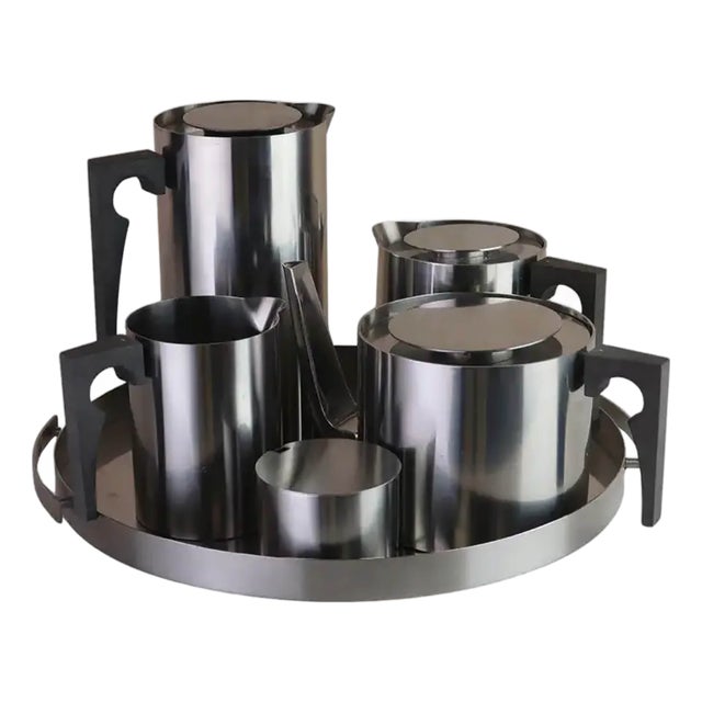 Vintage Danish Stainless Steel Tea Service by Arne Jacobsen, 1965, Set of 6 For Sale
