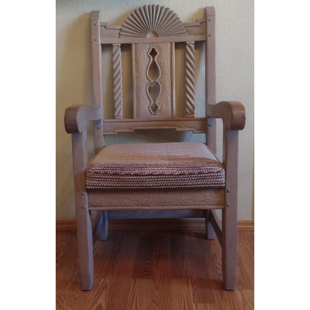 Handsome Ernest Thompson Southwestern-style armchair featuring the distinctive carved detailing and substantial...