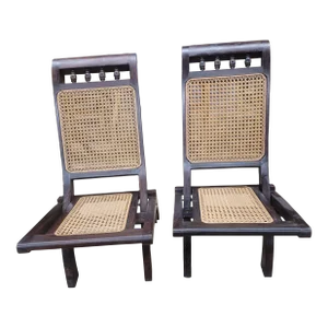 1920s Pair of Rosewood Cane Seat Folding Slipper Lounge Chairs