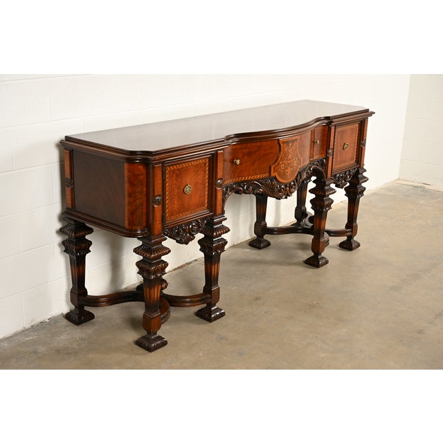 Berkey & Gay Antique Victorian Renaissance Revival Carved Mahogany Inlaid Marquetry Sideboard by Rockford Furniture, Circa 1920s For Sale - Image 4 of 18