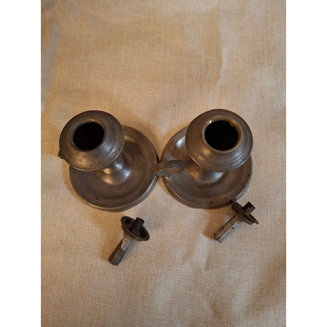 Dark Gray Pair Antique Pewter Whale Oil Finger Lamps Single Tube Drop Burners C. 1830-1850 For Sale - Image 8 of 18