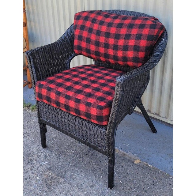 Folk Art Black Wicker Chair W/ Buck Plaid Seat Cushions For Sale - Image 3 of 13