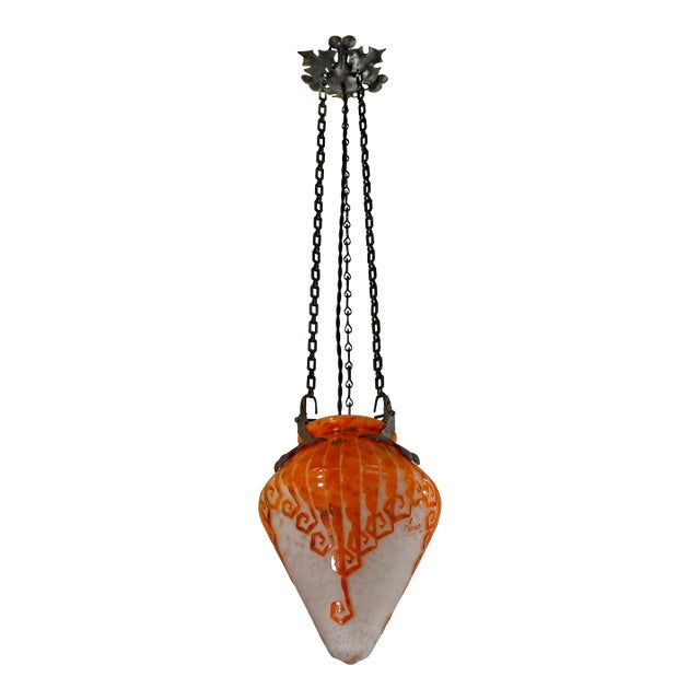 French Art Deco Pendant Light by Le Verre Francais Schneider - 1925 Cameo Lantern France For Sale